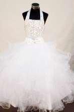  Sweet Ball gown Halter top neck Floor-length Organza White Beading Flower Girl Dresses Style FA-C-270