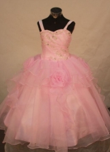 Affordable Ball Gown Strap Floor-length Baby Pink Organza Beading Flower Gril dress Style FA-L-426