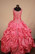 Beading Ball Gown Strap Floor-length Pink Taffeta Beading Flower Gril dress Style FA-L-424