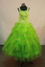 Elegant Ball Gown Strap Floor-length Green Organza Beading Flower Gril dress Style FA-L-417