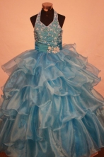 Exclusive Ball Gown Halter Top Floor-length Light Blue Organza Beading Flower Gril dress Style Y042407