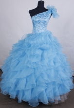 Exclusive Ball Gown One Shoulder Floor-length Light Blue Organza Beading Flower Girl Dress Y042438