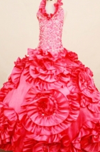 Exquisite Ball Gown Halter top neck Floor-Length Coral red Little Girl Pageant Dresses Style FA-Y-358