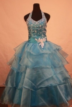 Fashionable Ball Gown Halter Top Floor-length Teal Organza Beading Flower Gril dress Style FA-L-442