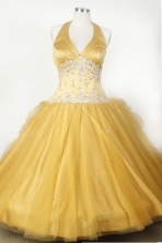 Fashionable Ball Gown Halter Top Neck Floor-Length Gold Appliques and Beading Flower Girl Dresses Style FA-S-211