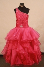 Lovely Ball Gown One Shoulder Neck Floor-Length Red Beading Flower Girl Dresses Style FA-S-410