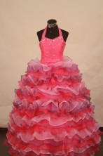 Luxurious Ball Gown Halter Top Neck Floor-Length Hot Pink Beading Flower Girl Dresses Style FA-S-416