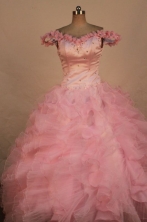 Luxurious Ball gown Off the shoulder neck Floor-length Pink Beading Flower Girl Dresses Y042409