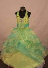 Modest Ball gown Halter top neck Floor-length Spring Green Beading Flower Girl Dresses Style FA-C-27