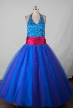 Perfect Ball Gown Halter Top NeckFloor-Length Blue Beading Flower Girl Dresses Style FA-S-403