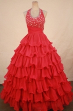 Popular Ball Gown Halter Top Floor-length Red Taffeta Beading Flower Gril dress Style FA-L-428