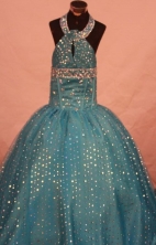 Popular Ball Gown Halter Top Floor-length Teal Beading Flower Gril dress Style FA-L-451