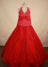 Popular Ball Gown Halter Top Neck Floor-Length Red Appliques and Beading Flower Girl Dresses Style Y042419