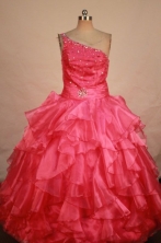Popular Ball Gown One Shoulder Floor-length Red Organza Beading Flower Gril dress Style FA-L-455