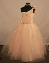 Popular Ball Gown One Shoulder Neck Floor-Length Gold Appliques and Beading Flower Girl Dresses Style Y042421