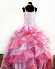 Popular Ball Gown Straps Floor-Length Pink Appliques and Beading Flower Girl Dresses Style FA-S-230
