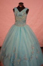 Popular Ball Gown V-neck Floor-length Light Blue Appliques Flower Gril dress Style FA-L-461