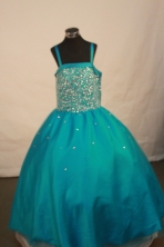 Romantic Ball Gown Straps Floor-Length Blue Appliques and Beading Flower Girl Dresses Style FA-S-233