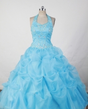 Sweet Ball Gown Halter Top Neck Floor-Length Baby Blue Beading and Appliques Flower Girl Dresses Y042432