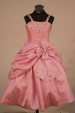 Sweet Ball Gown Strap Floor-length Baby Pink Taffeta Beading Flower Gril dress Style FA-L-432