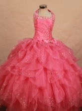 Wonderful Ball Gown Halter Top Floor-length Hot Pink Organza Beading Flower Gril dress Style FA-L-45