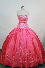 The most Popular ball gown strapless floor-length coral red taffeta appliques quinceanera desses FA-X-056