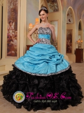 2013 Irapuato Mexico Safford strapless Aque Blue and Black Zebra Ruffles and Sash Quinceanera Dresses With Pick-ups For Graduation Style QDZY434FOR