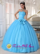 2013  Santiago Chile Aqua Blue Tulle Ball Gown Quinceanera Dress Sweetheart with Beading and Bowknot Ruched Bodice Style PDZY642FOR
