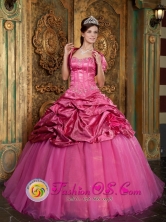 Cancun Mexico Hot Pink Taffeta and Organza  Quinceanera Dress With  Appliques  Pick -ups and Jacket Style QDZY159FOR