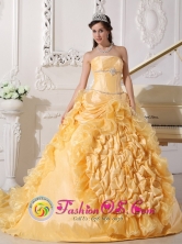 Ciudad Hidalgo Mexico Customize Wholesale Exquisite Gold Quinceanera Dress For Strapless Chapel Train Taffeta and Organza pick-ups Beading Decorate Wasit Ball Gown Style QDZY443FOR 