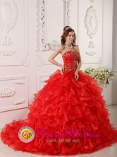 Cuautla Mexico Ruffles Embroidery Informal Red 2013 Quinceanera Dress Strapless Organza Brush Train Style QDZY058FOR
