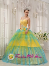 El Mante Mexico Wholesale Beading and Ruch Brand New Yellow and Blue 2013 Spring Quinceanera Dress For Winter Strapless Tulle Popular Ball Gown Style QDZY468FOR 