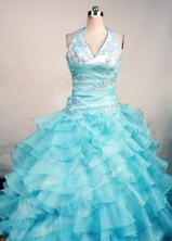 Exquisite Ball Gown Halter Top Neck Floor-Length Baby Blue Appliques and Beadnig Quinceanera Dresses Style FA-S-195