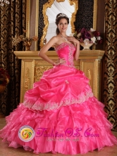 Guanajuato Mexico Appliques Hot Pink For Beautiful Quinceanera Dress Strapless Organza Lace Decorate Style QDZY068FOR