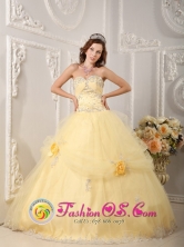 Manzanillo Mexico Beautiful Wholesale Organza Light Yellow Sweetheart Quinceanera Dress With Appliques and Hand Made Flowers for Military Ball Style QDZY129FOR 