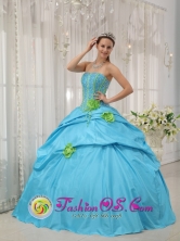 Matamoros Mexico Baby Blue Beaded Decorate Bust and green Hand Flowers Quinceanera Dress With Strapless Pick-ups For 2013 Spring Style QDZY457FOR