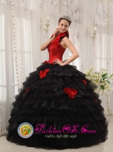 Toluca Mexico Military Ball Black and Red Hand Made Flowers For Gorgeous Quinceanera Dress with Ruffles LayeredStyle QDZY523FOR