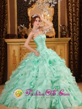 Tultepec Mexico Organza Wholesale Apple Green Ruffled Layers Decorate  Ruching Quinceanera Dress With Sweetheart Neckline Style QDZY118FOR  