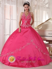 Zumpango Mexico Red Halter Top Wholesale Quinceanera Dress with Appliques Decorate Ball Gown for Military Ball Style PDZY606FOR 