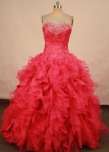 Fasshionable ball gown sweetheart-neck floor-length organza coral red quinceaenra dresses LJ42458