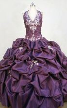 Popular Ball Gown Halter Top Floor-length Purple Taffeta Appliques Quinceanera dress Style FA-L-360
