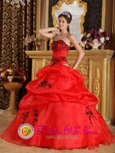 2013 Fashionable Red  Wholesale Embroidery Sweetheart Sweet 16 Dress With Pick-ups Organza Quinceanera Gowns In Cambyreta Paraguay Style QDZY323FOR  