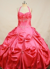 Affordable Ball Gown Halter Top Floor-length Red Taffeta Beading Quinceanera Dress Style FA-L-197