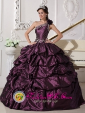 Customize One Shoulder Neckline Dark Purple Quinceanera Dress With Appliques and Pick-ups Decorate In Limpio Paraguay Style QDZY745FOR 