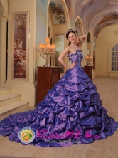 Eggplant Purple Wholesale Appliques Decorate Bust Hand Made Flowers 2013 Sping Quinceanera Gowns With Pick-ups And Chapel Train In Coronel Bogado Paraguay Style QDZY467FOR  