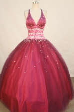 Exclusive Ball Gown Halter Top Floor-length Burgundy Taffeta Beading Quinceanera Dress Style FA-L-174