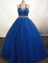 Fashionable Ball Gown Halter Top Floor-length Royal Blue Organza Beading Quinceanera Dress Style FA-L-115