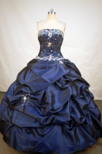 Fashionable Ball Gown Strapless Floor-length Navy Blue Taffeta Appliques Quinceanera Dress Style FA-L-184