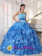 Lovely Sweet 16 Blue Wholesale Organza Quinceanera Dress With Strapless Appliques and Paillette tiered skirt In Guayaibi Paraguay Style PDZY497FOR