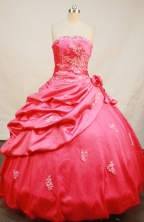 Modest Ball gown Strapless Floor-length Taffeta Coral Red Quinceanera Dresses Embroidery and Appliques Style FA-Y-0016
